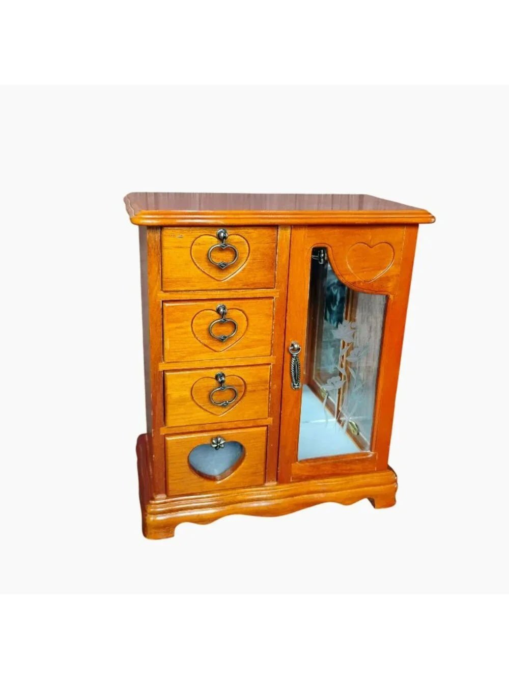 Wooden Jewelry Box w Heart Motif Glass Door & Velvet-Lined Storage Compartments